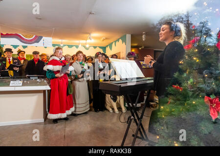 Den Wald Höhen Entscheidungsträger Chor zu Weihnachten an den Dekan Heritage Center, Soudley, Gloucestershire Musical. Stockfoto