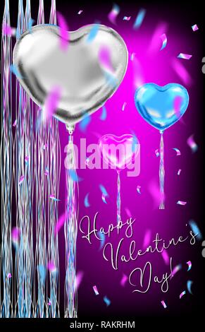Herzform metallic Ballons und Konfetti. Design für Valentines Tag Dekorationen Stock Vektor