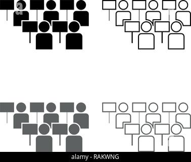 Protest Konzept Demonstration Masse der protestierenden Menschen Revolution Idee soziale Problem Icon Set Grau Schwarz Vektor skizziere ich flach Sty Stock Vektor