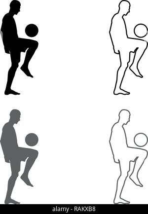 Fußball-Spieler jonglieren Kugel mit seinem Knie oder stopft den Ball auf seinem Fuß silhouette Icon Set Grau Schwarz Vektor skizziere ich Flat Style s Stock Vektor