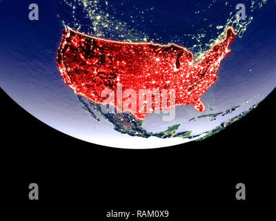 Satelliten der USA aus Platz in der Nacht. Wunderbar detaillierte Plastic Planet Oberfläche mit sichtbaren Lichter der Stadt. 3D-Darstellung. Elemente dieser Ima Stockfoto