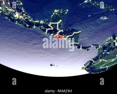 Satellitenansicht von El Salvador aus dem Weltraum in der Nacht. Wunderbar detaillierte Plastic Planet Oberfläche mit sichtbaren Lichter der Stadt. 3D-Darstellung. Elemente der Stockfoto