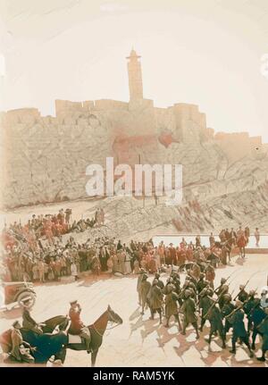 Erfassen und Besetzung Palästinas durch die Briten. Britische Truppen auf Parade am Jaffa-tor. 1917, Jerusalem. Neuerfundene Stockfoto