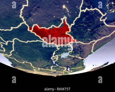 Satelliten Ansicht des Südsudan aus dem Weltraum in der Nacht. Wunderbar detaillierte Plastic Planet Oberfläche mit sichtbaren Lichter der Stadt. 3D-Darstellung. Elemente der Stockfoto