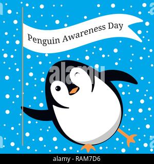 Pinguin Bewußtsein Tag. Vektor Cartoon Illustration. Penguin rutschen auf dem Eis, Winks, hält eine Fahne mit dem Namen der Veranstaltung Stock Vektor