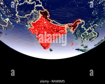 Satellitenansicht von Indien aus dem Weltraum in der Nacht. Wunderbar detaillierte Plastic Planet Oberfläche mit sichtbaren Lichter der Stadt. 3D-Darstellung. Elemente dieser i Stockfoto