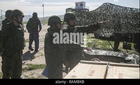 Major General Shigeo Kaida, mit der Japan Ground Self Defense Force beobachten ihre Truppen an einem 120 mm Mörser live - Feuer Bereich während der Übung Iron Fist 2017, an Bord der Marine Corps Base Camp Pendleton, Calif., Feb 14, 2017. Der Bereich soll JGSDF und US-Marines Artillerie Fähigkeiten verbessern und ermöglichen sowohl Wissen und Taktik zu teilen. Iron Fist ist eine jährliche, bilateralen Training übung, in der US-amerikanischen und japanischen Service Mitglieder trainieren gemeinsam und teilen Techniken, Taktiken und Verfahren der operativen Fähigkeiten zu verbessern. Stockfoto