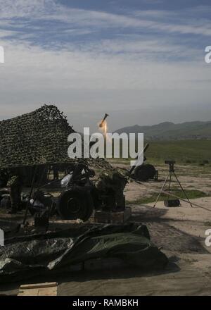 Soldaten, die in den japanischen Self Defense Force Fire 120 mm Rayé Tracté während einer 120 mm Mörser Bereich Feuer während der Übung Iron Fist 2017, an Bord der Marine Corps Base Camp Pendleton, Kalifornien, 14.02.2017. Das Sortiment wurde statt JGSDF Wissen der US-Marines Corps Artillerie Fähigkeiten und Taktiken zur Verfügung zu stellen. Iron Fist ist eine jährliche, bilateralen Training übung, in der US-amerikanischen und japanischen Service Mitglieder trainieren gemeinsam und teilen Techniken, Taktiken und Verfahren der operativen Fähigkeiten zu verbessern. Stockfoto