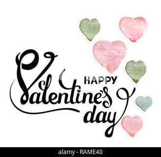Aquarell rosa Herzen auf rosa Hintergrund. Hand Made nahtlose Muster. Schriftzug Valentines Tag Stockfoto