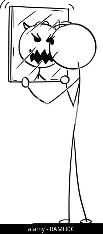 Cartoon des Menschen betrachten Sie sich im Spiegel und sehen, Monster oder Teufel Stock Vektor