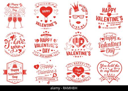 Satz von Happy Valentines Day anmelden. Stempel, Aufkleber, Karte mit Schlüssel, Vogel, Amur, Pfeil, Herzen. Vektor. Vintage Typografie Design für Einladungen, Valentines Tag romantische Feier Emblem im Retro-Stil. Stock Vektor