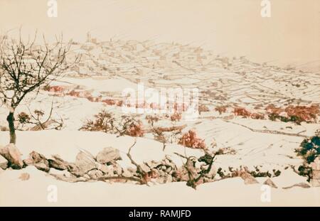 Bethlehem und Umgebung. Bethlehem im Schnee 1900, West Bank, Bethlehem, Israel. Neuerfundene durch Gibon. Klassische Kunst neuerfundene Stockfoto