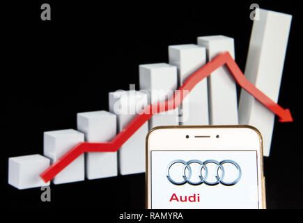 Hong Kong. 15 Dez, 2018. Deutsche Automobilhersteller Audi Logo ist auf ein Android mobile Gerät mit einem Rückgang gesehen Grafik im Hintergrund verliert. Credit: Miguel Candela/SOPA Images/ZUMA Draht/Alamy leben Nachrichten Stockfoto