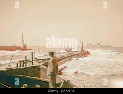 Tel Aviv. Eingang zum Zigarettenanzünder Waschbecken und schaue hinaus. 1934, Israel, Tel Aviv. Neuerfundene durch Gibon. Klassische Kunst mit einem Neuerfundene Stockfoto