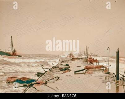 Tel Aviv. Eingang zum Zigarettenanzünder Waschbecken und schaue hinaus. 1934, Israel, Tel Aviv. Neuerfundene durch Gibon. Klassische Kunst mit einem Neuerfundene Stockfoto