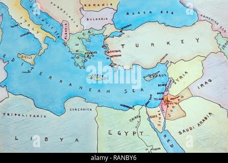 Modelle und Karten. Karte des östlichen Mittelmeerraums und den umliegenden Ländern. 1950, Naher Osten. Neuerfundene Stockfoto