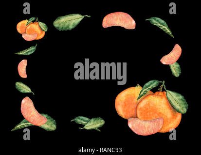 Aquarell Hand gezeichnet mandarin Früchte, Scheiben und Blätter. Bunte süße frische Mandarinen für Einladungen, Grußkarten, Design. Botanische illustr Stockfoto