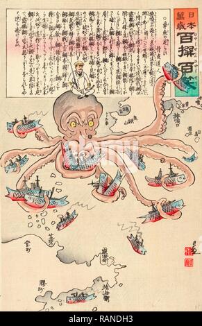 Tako keine Asirai, Octopus treten. 1904., 1 Drucken: Holzschnitt, Farbe, 36,9 X 24,9, Drucken zeigt einen japanischen Offizier sitzend Neuerfundene Stockfoto