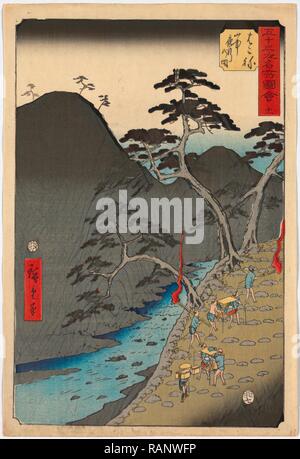 Hakone, Ando 1855., 1 Drucken: Holzschnitt, Farbe, 36,4 X 24,6, Drucken zeigt, Reisende und Torhüter über einen steilen Pass in Neuerfundene Stockfoto