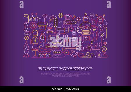 Neon Farben auf dunklem Violett Hintergrund Roboter Workshop vector Banner Design. Stock Vektor