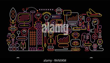 Lebendige Neon Farben auf schwarzem Hintergrund Roboter Vector Illustration. Stock Vektor