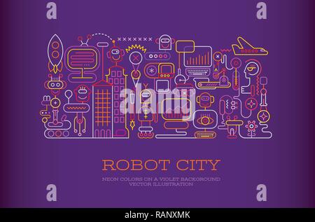 Neon Farben auf dunklem Violett Hintergrund Roboter Stadt Vector Illustration. Stock Vektor