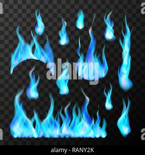 Satz von hellen verschiedene Blaue Gas Feuer flammen auf Transparent Stock Vektor