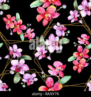 Orchidee Blumen botanischen Blume. Wilder Frühling Blatt. Aquarell Hintergrund Abbildung. Aquarell isoliert. Nahtlose Muster. Fabric wa Stockfoto