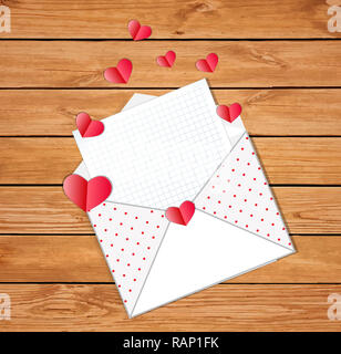 Schreiben Liebe. Geöffnet Umschlag mit leer Leer und viele gefaltete Papier Herzen auf Holz- Hintergrund. Illustration, Grenze, mit Platz für Text Vorlage Stockfoto