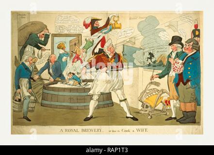 Eine königliche Brauerei, oder wie eine Frau zu kochen, Gravur 1821, Georg IV., ein conning Stoker, von einigen Unfug brauen Neuerfundene Stockfoto