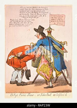 Billy's Raree-Show oder John Bull en Aufhellen würde, [England], Gravur 1797, Pitt, als Peep-show Mann, steht durch seine box Neuerfundene Stockfoto