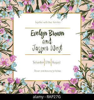 Wildflower Rosa und Blau wachs Blüten mit grünen Blättern und Golden Square Frame in ein Aquarell Stil. Könnte für Hintergrund, Textur, pattern benutzt werden, Stock Vektor