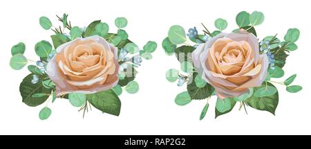 Der Vektor Aquarell wunderschöne Rosen mit Eukalyptus Blätter auf weißem Hintergrund. Muster für die Gestaltung der Hochzeit Einladungen, Begrüßung Stock Vektor
