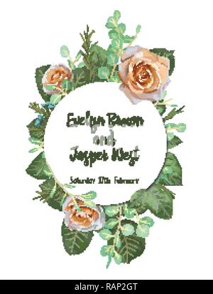 Vintage Aquarell runden Rahmen mit blühenden Englische Rosen wachsen Blumen, Eukalyptus Zweige, Blätter. Für Sie mit Platz für Ihren Text. Vektor Illustra Stock Vektor