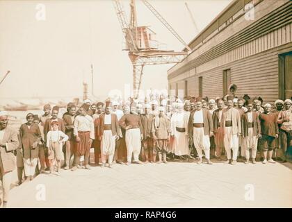 Palästina Unruhen 1936. Kopf Schiffer und die stauer auf der Jaffa Landeplatz in der Bereitschaft zum Lebenslauf neuerfundene gesammelt Stockfoto