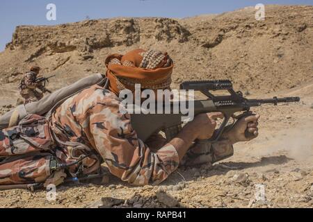 RABKUT, Oman (Feb. 19, 2017) US-Marines mit Firma A, Bataillon Landung Team 1 Mrd., 4 Marines, 11 Marine Expeditionary Unit (MEU), führen Sie Buddy team Feuer und Bewegung Übungen mit der königlichen Armee von Oman (RAO) Soldaten während der Übung Meer Soldat, 24.02.19. Diese Übungen dienen der RAO Soldaten beizubringen, wie man Bewegung in Richtung einer objektiven möglich ist, während die Unterdrückung von Feuer auf den Feind. Meer Soldat 2017 ist eine jährliche bilaterale Übung mit der königlichen Armee von Oman durchgeführt, die die kooperative Fähigkeiten zu zeigen, und wird von den USA und Partnerstaaten im Mai zu arbeiten Stockfoto