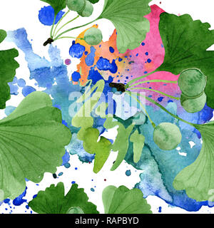 Green Ginkgo biloba. Florale botanischen Blume. Wild Federblatt wildflower isoliert. Aquarell Zeichnung mode Aquarelle isoliert. Nahtlose backgroun Stockfoto