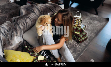 Winter Bild voller Liebe und Fürsorge für unsere kleinen Freunde - Hunde. Maltipoo Welpe mit roten und weißen Curlies und winzige schwarze Nase. Das Sitzen auf grau Couch Stockfoto