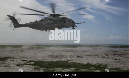 Us Marine Corps CH-53 Super Hengst Marine schwere Hubschrauber Geschwader-361, Land, bei der Unterstützung einer Tragarmen Koordination Übung während der Übung Iron Fist 2017 an Bord der Marine Corps Base Camp Pendleton, Calif., Feb 22, 2017 zugeordnet. Die Übung ist sowohl Marines JGSDF und Soldaten auf der Koordination zu trainieren, kombinierte Waffen Brände Form in der Luft und auf See. Iron Fist ist eine jährliche, bilateralen Training, wo die US-amerikanischen und japanischen Service Mitglieder trainieren gemeinsam und teilen Techniken, Taktiken und Verfahren der operativen Fähigkeiten zu verbessern. Stockfoto