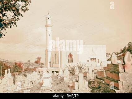 Arabische Fabriken und allgemeine Verbesserungen in Nablus, die neue Moschee an der Außenseite. Nablus, im Nahen Osten, Hauptstraße. 1940, West neuerfundene Stockfoto