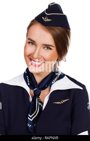 Juni 30, Air Hostess 2015 neue Uniform der nationalen russischen Fluggesellschaft Aeroflot, Skyteam Mitglied, auf weißem Hintergrund Stockfoto