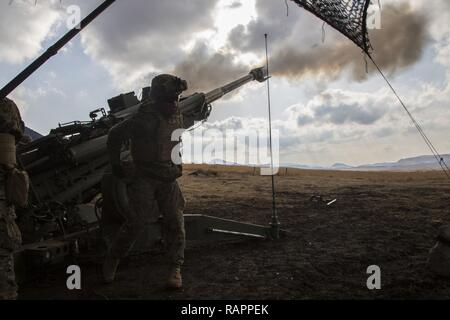 Us Marine Corps Lance Cpl. Matthew Patterson, ein Nummer 1 cannoneer mit Alpha Batterie, 1.Bataillon, 12 Marines, derzeit zu Alpha Akku, 3.Bataillon, 12 Marines Brände ein M777A2 Howitzer in der Hijudai Manöver, Japan, 1. März 2017. Marinesoldaten und Matrosen an der Artillerie relocation Training Programm rechtzeitige und genaue Brände zu stellen militärische beruflichen Spezialgebiet Fähigkeiten, Zug Marines/Matrosen in gemeinsamen Fähigkeiten zu unterstützen, und professionellen militärischen Bildung fördern für das allgemeine Ziel der Verbesserung der Bekämpfung der Betriebsbereitschaft und internationale relationsh Stockfoto