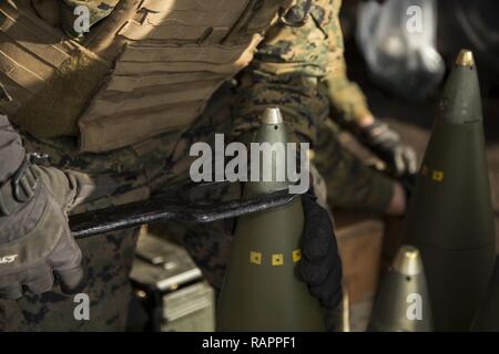 Ein US-Marine mit Alpha Batterie, 1.Bataillon, 12 Marines, derzeit zu Alpha Akku, 3.Bataillon, 12 Marines strafft die Spitze eines M795 High Explosive rund mit einem M18-Sicherung Trendsetter im Bereich Hijudai Manöver, Japan, März 1, 2017. Marinesoldaten und Matrosen an der Artillerie relocation Training Programm rechtzeitige und genaue Brände zu stellen militärische beruflichen Spezialgebiet Fähigkeiten, Zug Marines/Matrosen in gemeinsamen Fähigkeiten zu erhalten, und professionelle militärische Ausbildung für das allgemeine Ziel der Verbesserung der Bekämpfung der Betriebsbereitschaft und internationale Beziehungen zu fördern. Stockfoto