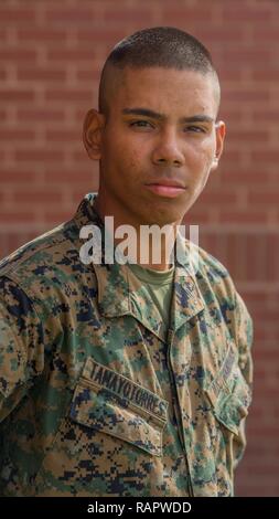 Pvt. Juan C. Tamayo Torres, Platoon 1014, Delta, 1 Recruit Training Bataillon, erwarb die amerikanische Staatsbürgerschaft, das am 2. März 2017, auf Parris Island, S.C. Vor verdienen Staatsbürgerschaft, die Bewerber müssen Kenntnisse der englischen Sprache und der amerikanischen Regierung, zeigen gute moralische Charakter und den Treueid auf die US-Verfassung. Tamayo Torres, von Queens, New York, ursprünglich aus Kolumbien, ist zu graduieren, 3. März 2017 geplant. Stockfoto