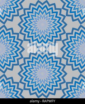Runder, blauer Zick-Zack-Linien Blüten mit einem wunderschön gemusterten gestreiften Blütenblätter Muster. Nahtlose floral vector Hintergrund Stock Vektor