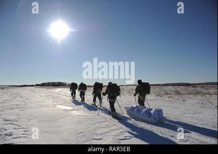 Us-Armee Soldaten mit den 181 Multifunktionstraining Brigade der 1. Armee Division West trek durch offene Felder am Fort McCoy, Wis Feb 2nd, 2017. Bei kaltem Wetter Ausbildung inklusive Kreuz Skifahren, Schneeschuhwandern und Contructing improvisierten Unterkünften. Us-Armee Stockfoto