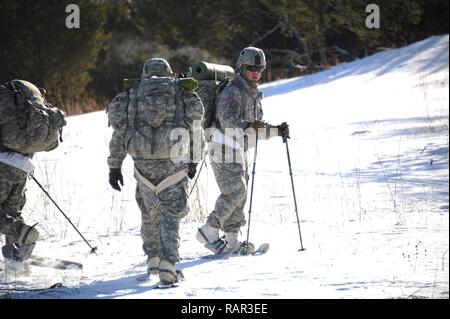 Us-Armee Soldaten mit den 181 Multifunktionstraining Brigade der 1. Armee Division West trek durch offene Felder am Fort McCoy, Wis Feb 2nd, 2017. Bei kaltem Wetter Ausbildung inklusive Kreuz Skifahren, Schneeschuhwandern und Contructing improvisierten Unterkünften. Us-Armee Stockfoto