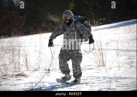 Us-Armee Soldaten mit den 181 Multifunktionstraining Brigade der 1. Armee Division West trek durch offene Felder am Fort McCoy, Wis Feb 2nd, 2017. Bei kaltem Wetter Ausbildung inklusive Kreuz Skifahren, Schneeschuhwandern und Contructing improvisierten Unterkünften. Us-Armee Stockfoto