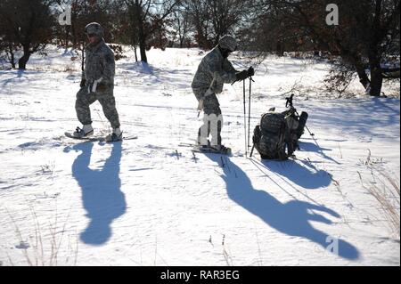 Us-Armee Soldaten mit den 181 Multifunktionstraining Brigade der 1. Armee Division West trek durch offene Felder am Fort McCoy, Wis Feb 2nd, 2017. Bei kaltem Wetter Ausbildung inklusive Kreuz Skifahren, Schneeschuhwandern und Contructing improvisierten Unterkünften. Us-Armee Stockfoto