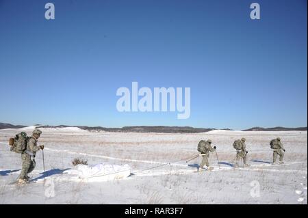 Us-Armee Soldaten mit den 181 Multifunktionstraining Brigade der 1. Armee Division West trek durch offene Felder am Fort McCoy, Wis Feb 2nd, 2017. Bei kaltem Wetter Ausbildung inklusive Kreuz Skifahren, Schneeschuhwandern und Contructing improvisierten Unterkünften. Us-Armee Stockfoto